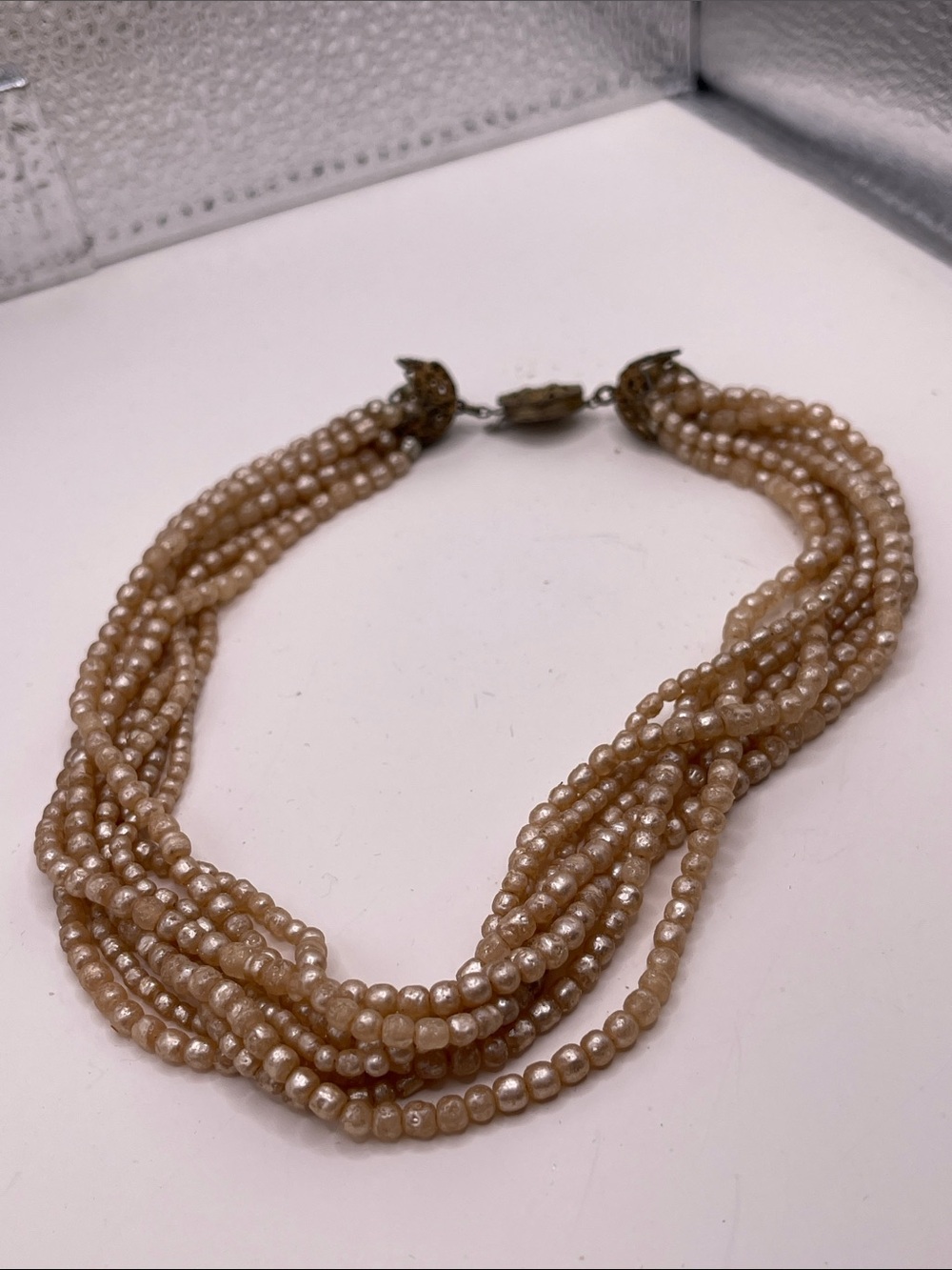 07.04.26-4 Vintage Miriam Haskell Multi-Strand Peachy-Beige Pearl Necklace